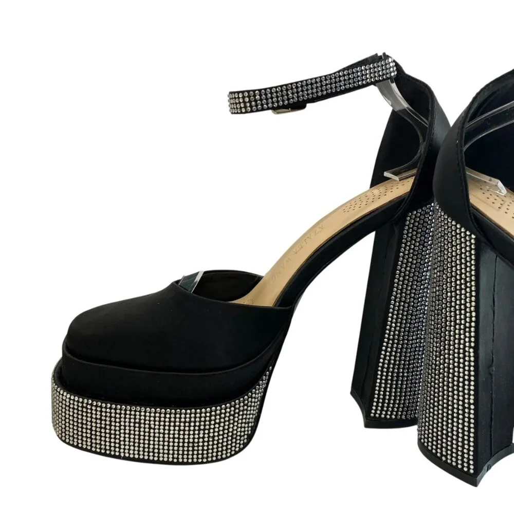 Azalea Wang Sugar Spice Chunky Platform Heels Women 7 Black Studded Satin Bridal